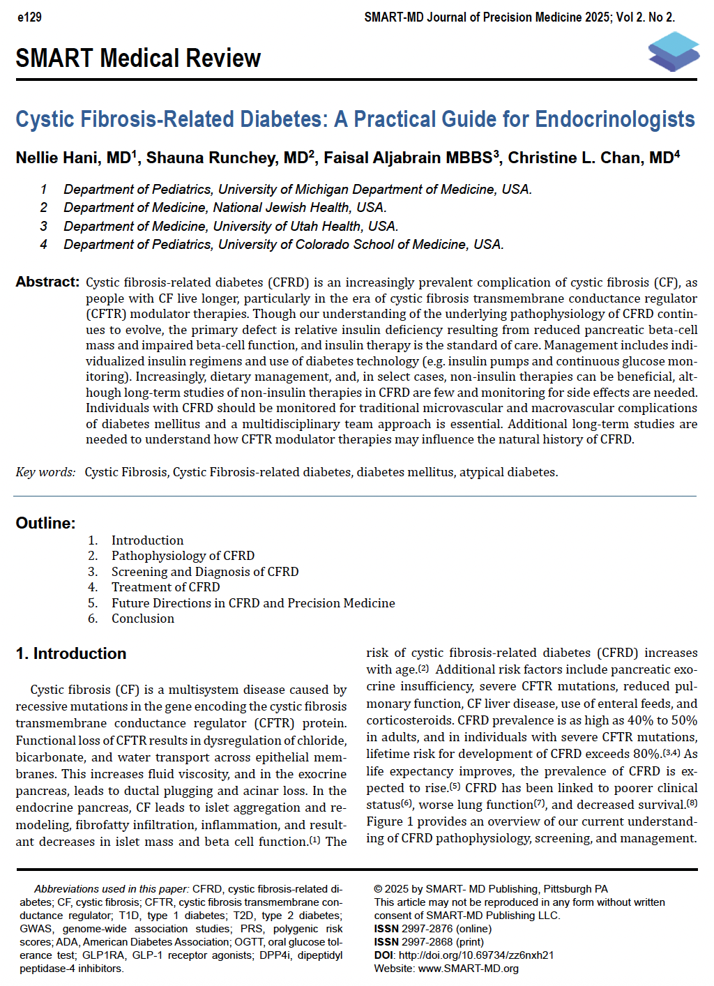 Image of the first page of an article by Hani et al on cystic fibrosis related diabetes (CFRD)